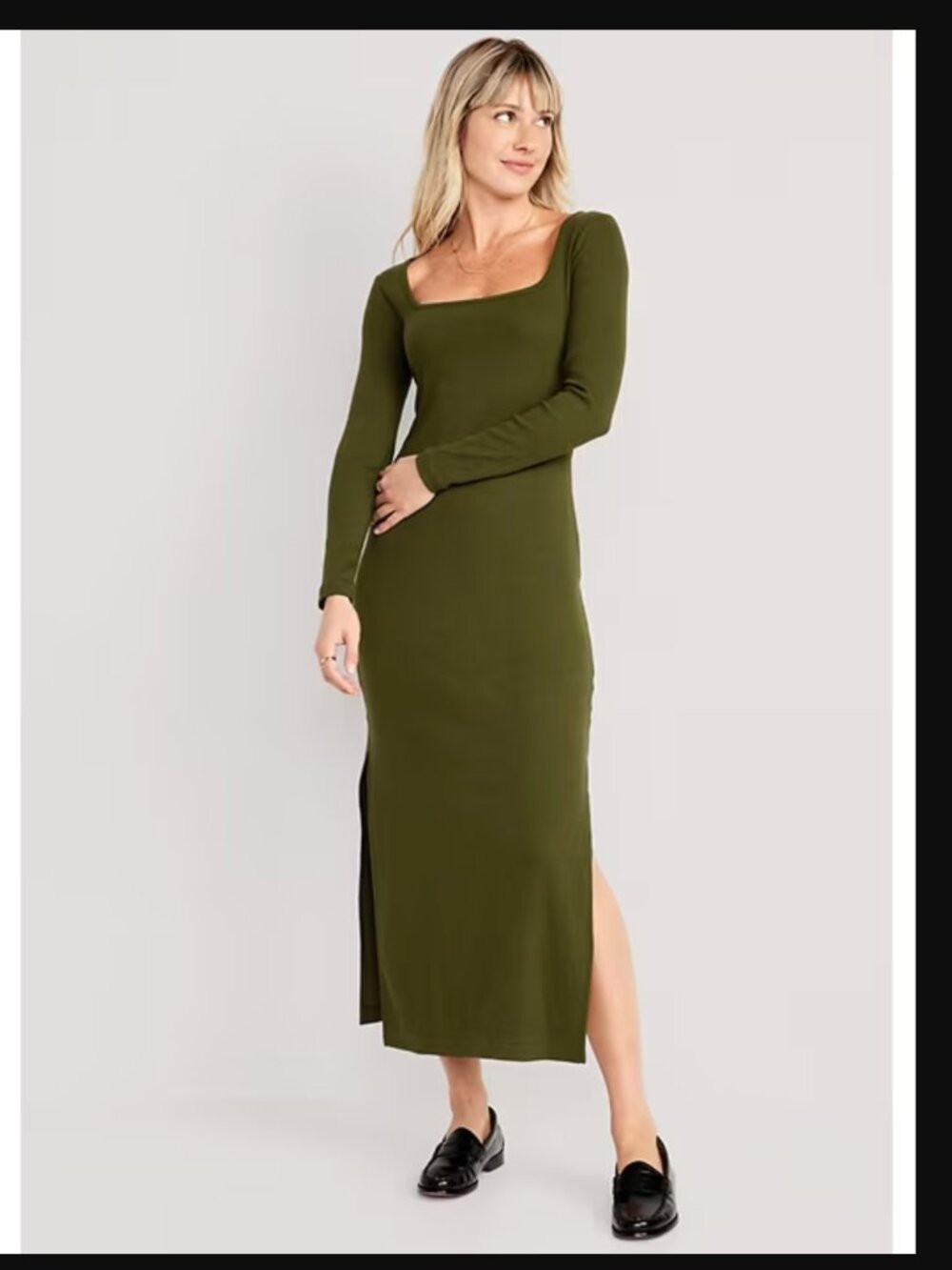 Old Navy FittedRib Knit Midi Dress Size L Olive Green Square Neck Long Sleeve